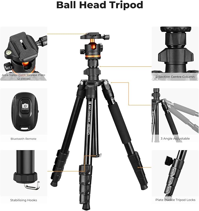 K&F CONCEPT 76" Camera Tripod, Travel Tripod for Camera with 360° Ball Head & Phone Holder, Max Load 17.6lbs, Detachable Monopod, Compact Tripod for DSLR/Smartphone Photography