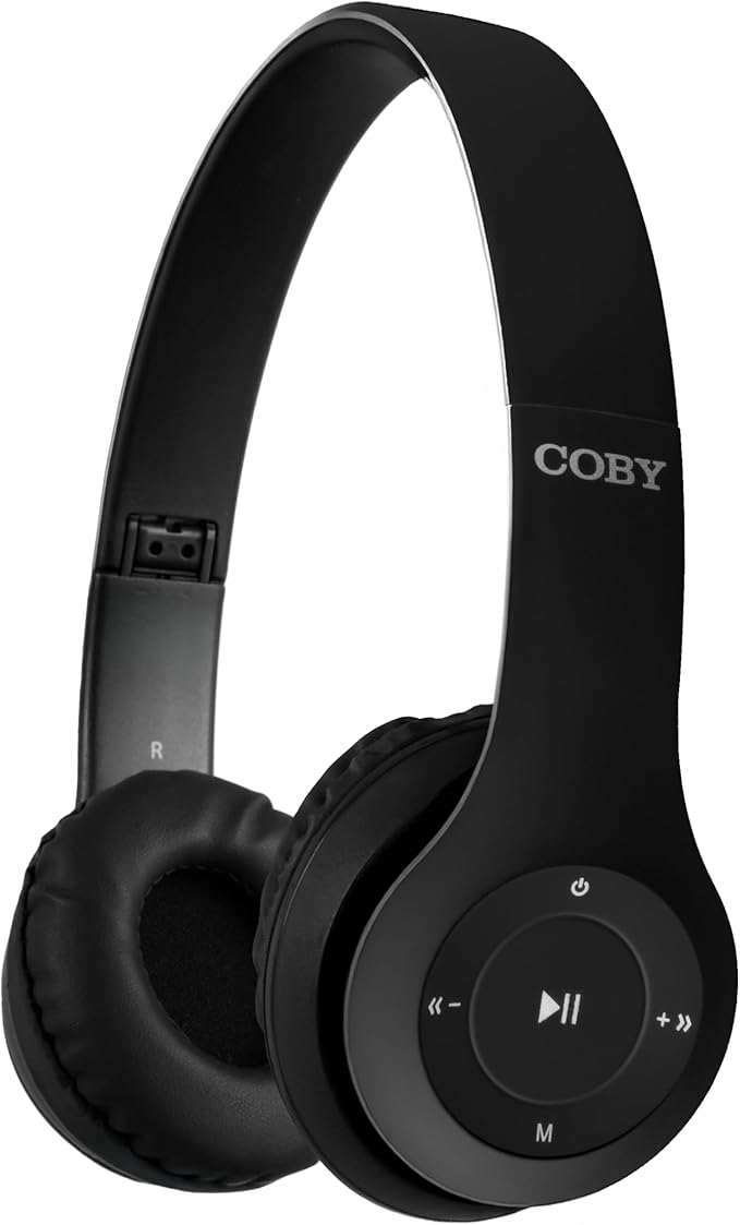 Coby Bluetooth Headphones, Rechargeable and Foldable Over-Ear Headset with Mic, TF Card Slot and AUX Input, Hands-Free Controls, 5-Hour Playback, Micro-USB Cable Included, Black