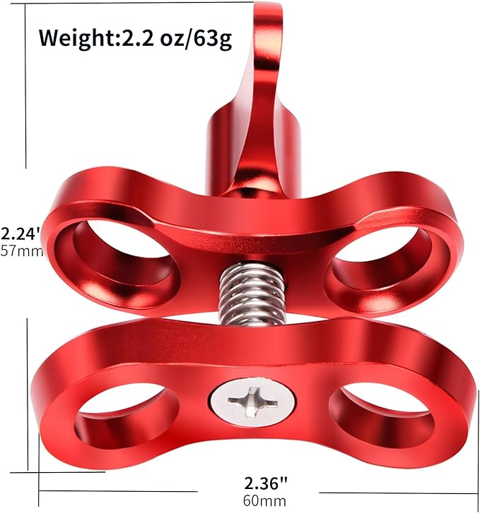 2-Hole 1" Aluminum Underwater Camera Clamp Ball Mount (2-Pack) - Underwater Bracket for Diving Light Arms & Camera Trays, Saltwater-Resistant Adapter for Scuba Photography/Videography Gear
