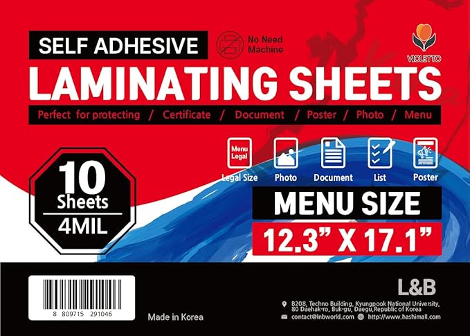 Self Adhesive Laminating Sheets 12.3x17.1 inches, 10 Pack, 4mil Thickness, No Heat or Machine Needed, Waterproof, Self Sealing, Easy Peel and Stick, Heavy Duty Clear Glossy Finish, by VIOLETTO