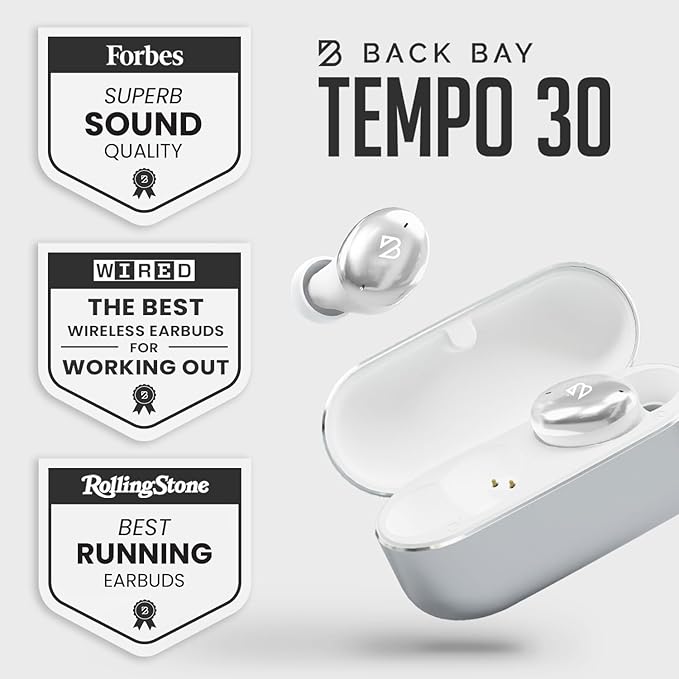 Back Bay Audio Tempo 30 Wireless Earbuds for Small Ears - Award-Winning Sound, Sweatproof Bluetooth Earbuds, Comfortable Ear Buds for Women, Silver Earphones Small Ear Canals, Long Battery Headphones