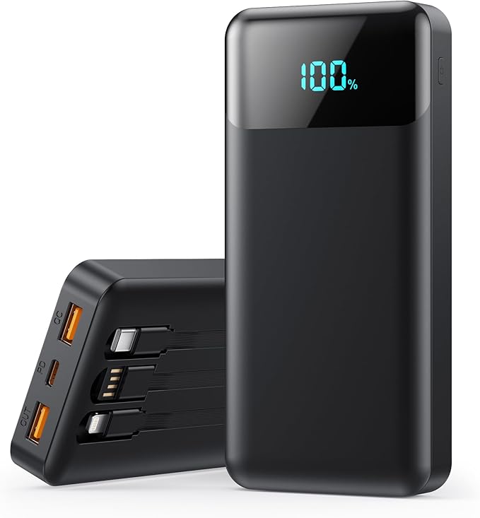 Portable Charger 40800mAh Power Bank with 3 Built-in Cable,25W PD USB C in&Out Power Bank Fast Phone Charging,QC4.0 LED Display Portable Battery Pack Compatible with iPhone 16/15, Galaxy Android-Black