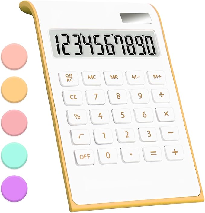 Gold Solar Battery Basic 10 Digits Desktop Calculator, Tilted LCD Display, Slim Desk Calculator