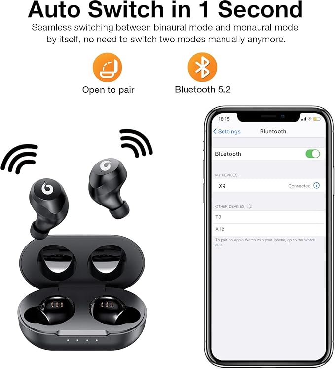 X9 Wireless Earbuds Bluetooth 5.3 Headphones Waterproof Stereo Earphones in Ear Touch Control with Microphone Headset with Deep Bass for Sport, Gaming and Running(Black)