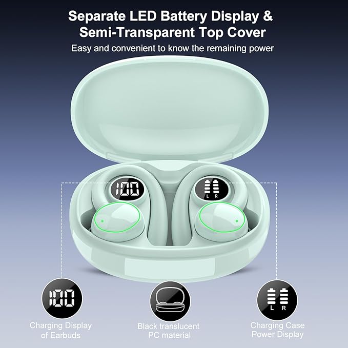 Wireless Earbuds, Bluetooth Ear Buds Sport, Stereo Deep Bass Over Ear Buds with Earhooks, In Ear Earphones with 4 ENC Noise Cancelling Mic, 48H LED Display Headphone for Running, IP7, Light Blue