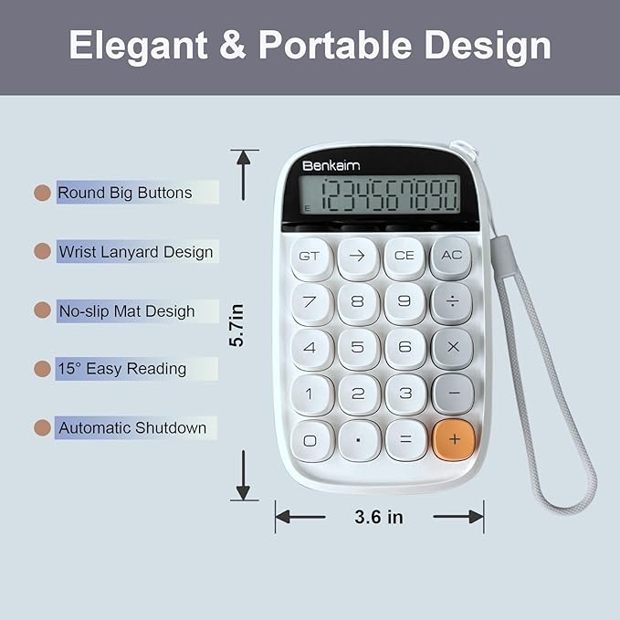 Benkaim Desktop Calculator - Basic Standard 10 Digit Large LCD Display, Cute Desk Accessory for School, Office and Business Use (White)