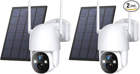 Solar Security Cameras Wireless Outdoor, 3MP 2K FHD Outdoor Camera Wireless 2.4G Wi-Fi 355° View Pan Tilt Security Cameras with AI Motion Detection, Siren (2 Pack)
