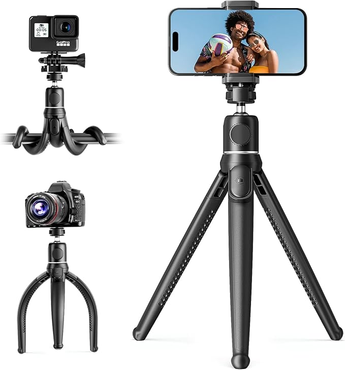 UBeesize Camera Tripod with Remote, Flexible Tripod Stand with Phone Holder and Action Camera Mount Adapter for iPhone Samsung Cellphones, Canon Nikon Sony Cameras