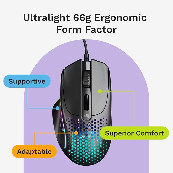 Glorious Gaming Model I 2 Wired Gaming Mouse: 9 Programmable Buttons (2 Swappable), 66g Superlight, 26k Optical Sensor, 80M Click Rated Switches, MMO/MOBA/FPS, Side Thumb Rest (Black)
