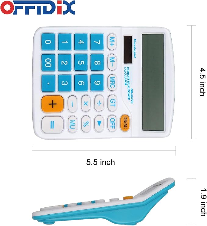 OFFIDIX Office Desktop Calculator, Solar and Battery Dual Power Electronic Calculator Portable 12 Digit Large LCD Display Calculator, Blue