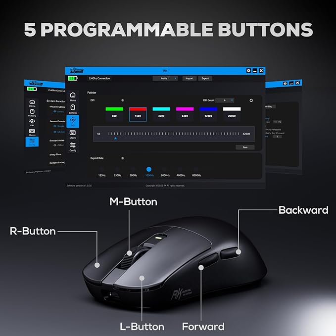 RK ROYAL KLUDGE RK M3 Wireless Gaming Mouse with 42K DPI, 47g Lightweight Computer Mouse with Dual 8K Polling Optical Sensor, Bluetooth/2.4G/USB-C Wired PC Game Mice with 5 Programmable Buttons, Black