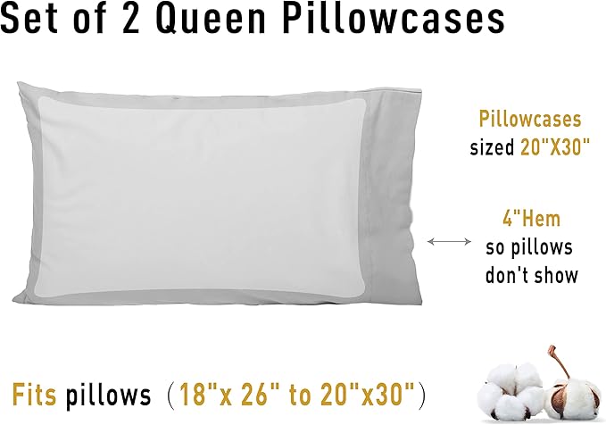 Sunflower Queen Pillowcases Set of 2, 100% Cotton Queen Pillow Cases 2, 20×30 inches Ash, Soft and Breathable