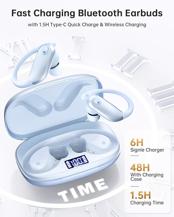 NDO Wireless Bluetooth Earbuds Earhook Sport Headphones with 48H Playtime, ENC Mic IPX7 Waterproof Fast Charging,Lightweight Design for Active Lifestyle,Gift for Teens or Fitness Lovers-Sky Blue