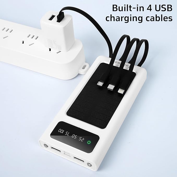 Power-Bank - 20000mAh Portable Charger,Solar Power Bank,Camping External Backup Battery Pack,Fast Solar Panel Charger with Dual Flashlight and 4 USB Cables (White)