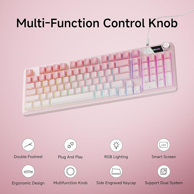 V102 Wired Keyboard, 98 Keys Creamy Gaming Keyboard with Number Pad, Display Screen & Media Knob RGB Silent Wired Cute Computer Keyboard for Laptop PC Gamer - Gradient Pink