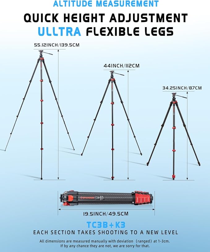 IFOOTAGE Travel Tripod Kit Gazelle TC3B with K3 Komodo Fluid Head,54,9”/139,5cm Carbon Fiber Camera Tripod Stand,for Smartphone Live Streaming Vlog Sony Nikon Canon Fuji DSLR,Load 11lbs/5KG,TC3B+K3
