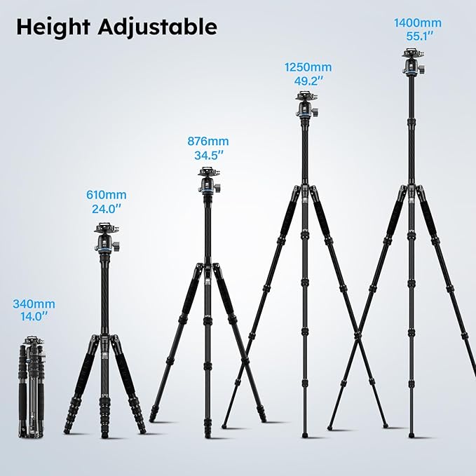 SIRUI Carbon Fiber Travel Tripod - Lightweight 55.1" Compact Tripod with 360° Panorama Ball Head, Quick Release Plate (AM-025K+KS-5)