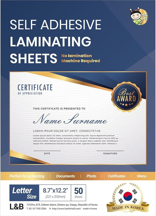 No Heat Laminating Sheets Self Sealing 8.5 x 11 Inch, 50 Pack, 4mil Thickness, Transparent, No Machine Self Adhesive Laminating Sheets, Protect documents and Photos [Letter Size] by HA SHI