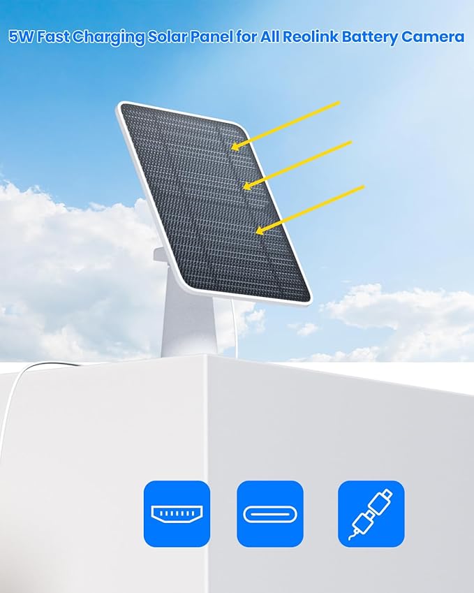 Solar Panel Charger Compatible with Reolink Argus 2E/Eco Ultra/Go PT Plus/Go Plus/Argus 3 Pro/Argus PT, 5W Solar Panels for Reolink Battery Camera, IP65 Waterproof 10ft Cable Secure Wall Mount, 2 Pack