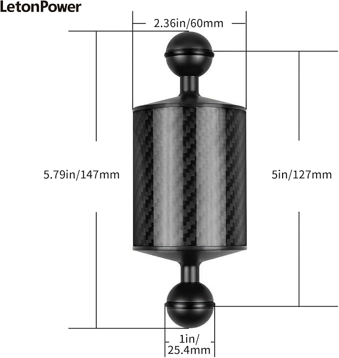 Black 5" Carbon Fiber Underwater Float Arm (2-Pack) - Ultralight Dual 1" Ball Buoyancy System for Diving Tray Video Lights & Strobes