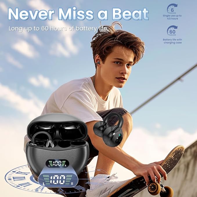 Clip on Earbuds Open Ear Wireless Bluetooth 5.4 Headphones with Mic,60H Play,Noise Cancelling,Waterproof,Sports Ear Buds,Comfortable for Small Ears & Glasses Wearers,Workouts (Black)