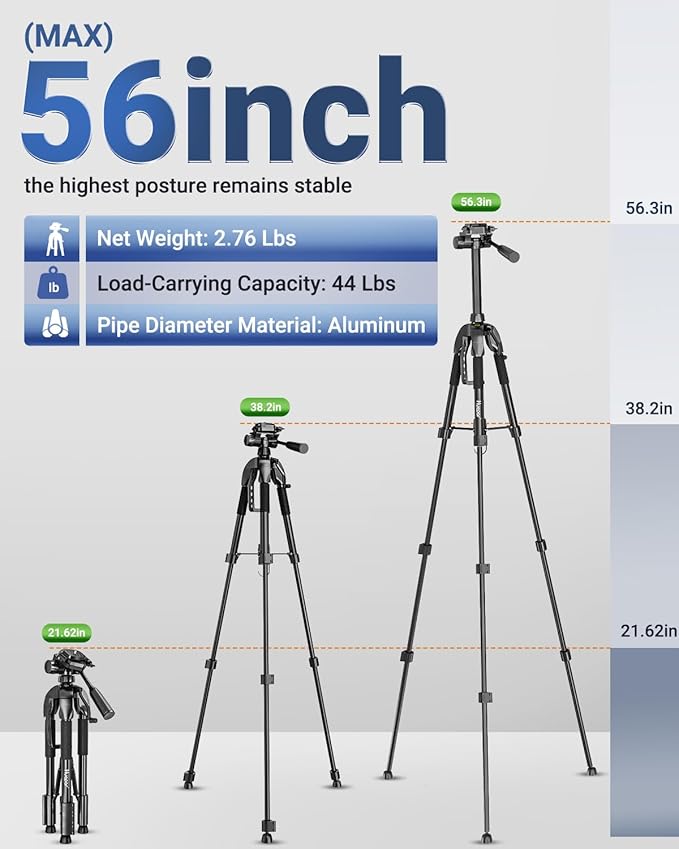 Laser Level Tripod, Huepar 56-inch Extendable Height Tripod Use with Line Lasers, Point Lasers, Laser Distance Measures, 1/4" and 5/8" Thread Mount, Multi-Function Hook, Non-Skid Feet, TPD14