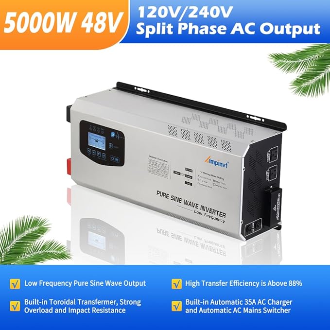 5000W Peak 15000watts Pure Sine Wave Power Inverter 48V DC to 120/240V AC Split Phase with Battery AC Charger,Off Grid Low Frequency Solar Inverter for Home