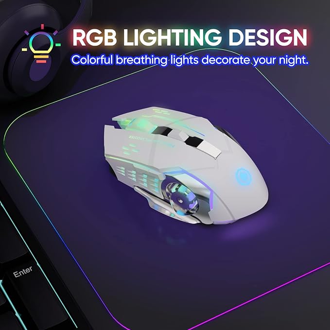 Wireless Gaming Mouse Bluetooth Mouse RGB Rechargeable 2.4G USB Cordless Computer Mice with 7 Color Backlit, 6 Buttons & Silent Click for Laptop, iPad, Mac OS, PC, Windows -White