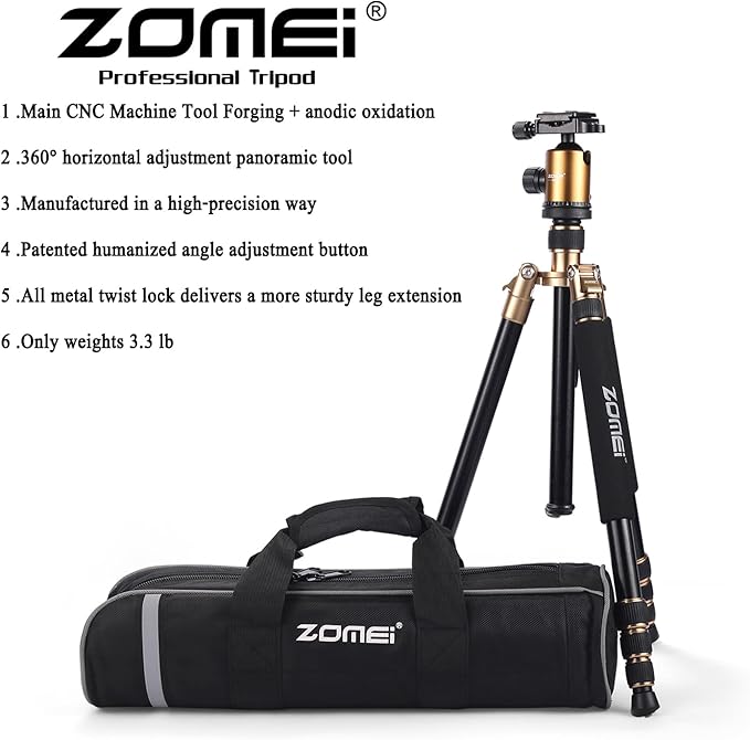 ZOMEI Tripod,Camera Tripod,Lightweight Camera Travel Z818 Tripod Aluminium Alloy Monopod with 360 Panorama Ball Head Quick Release Plate Ball for DSLR Canon Sony Nikon Cameras(Gold)