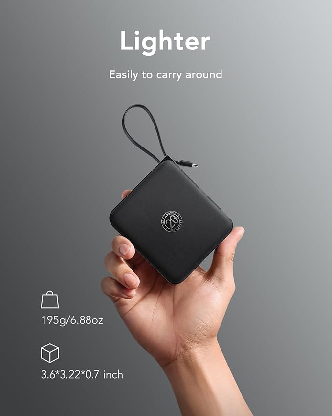 VRURC Portable Charger with Built-in Cable, 10000mAh 22.5W Fast Charging USB C Battery Pack, Cell Phone Power Bank for iPhone 16 15 14 Samsung Galaxy S25 S24 S23 Series Android Tablet, Black(1 Pack)