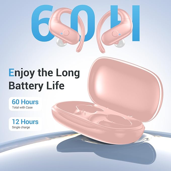 for Wireless Earbuds,Sport Bluetooth 5.4 Headphones,Over Ear Buds with Deep Bass Sound,60H Playtime Clear Calls Earphones Redesigned Comfort Fit with Earhooks for Running,Meeting,Workout-Pink