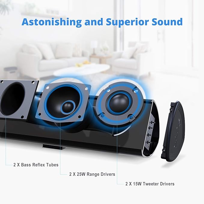 BESTISAN 80 Watt Soundbar, Sound Bars for TV of Home Theater System (Bluetooth 5.0, 34 inch, DSP, Strong Bass, Wireless Wired Connections, Bass Adjustable, Wall Mountable)