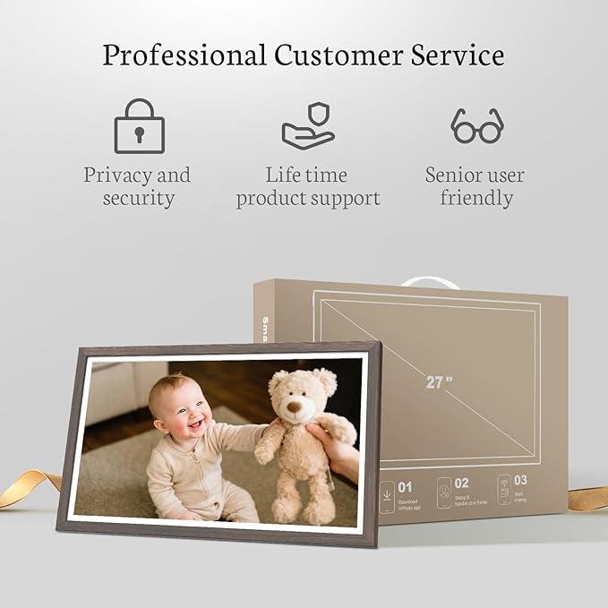 BSIMB Large Digital Picture Frame 27 Inch, 1920x1080 FHD WiFi Digital Photo Frame Electronic 32GB, Wall Mount Included, Share Pictures/Videos via App Easy Setup Gifts for Mom(Non-Touch), Dark Wood