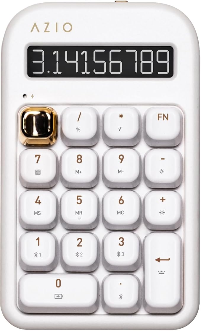 AZIO IZO Wireless Mechanical Calculator & Number Pad (White/Gold) - Bluetooth 5.0 & USB, Gateron-Blue Mechanical Switch, 9 Backlight Modes, Rechargeable, PC & Mac Compatible, White Blossom (IN103)