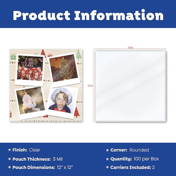 TruLam 3 Mil Laminating Pouches with Rounded Corners | Large Square Size | 12 in. x 12 in. | Glossy Finish | Premium Adhesive for High-Clarity | 2 Carriers Included | 100 Pack