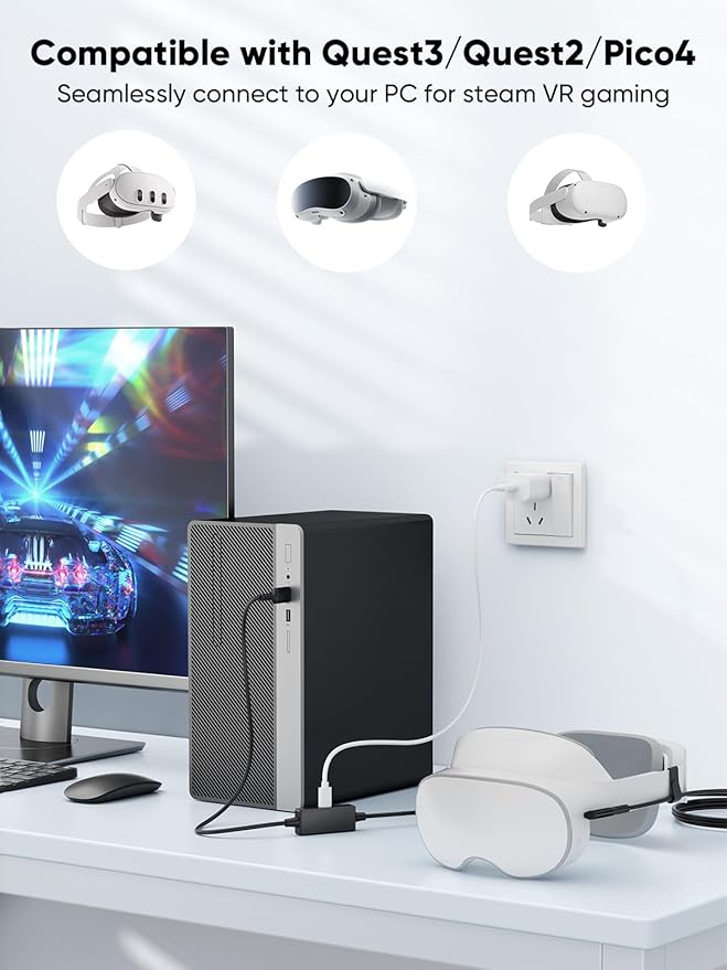 CableCreation 15.4FT 18W VR Charging Link Cable with PD Charging Socket, 5Gbps USB 3.2 GEN1 A to Type C Cable Compatible with Meta Quest 3S/Quest 3/Oculus Quest 2/Pico 4 Accessories and PC/SteamVR