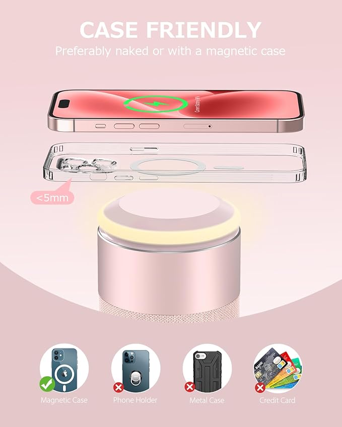 COLSUR Bluetooth Speaker, Magnetic Wireless Charger, Bluetooth Speakers with Night Light, 2 in 1 Wireless Charging Station for iPhone 16/15/14/13/12 Series, AirPods Pro/3/2（Gift Ideal） (Pink)