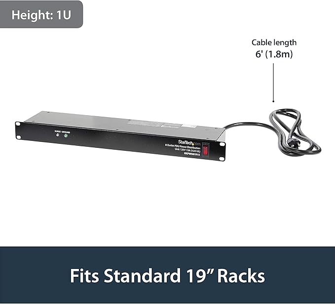 StarTech.com 8 Outlet Horizontal 1U Rack Mount PDU Power Strip for Network Server Racks - Surge Protection - 120V/15A - w/ 6ft Power Cord (RKPW081915)