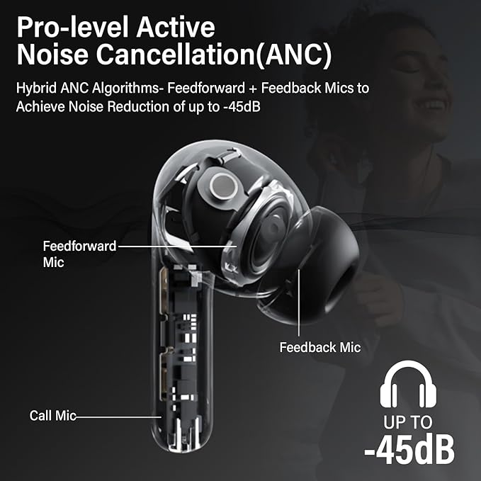 Adaptive Hybrid Active Noise Canceling Wireless Earbuds, 6 Mics ENC Clear Call Ear Buds, Hi-Res Audio Deep Bass Bluetooth 5.4 Headphones, 48H Playtime, Wireless Charging, Multipoint Connection, Black