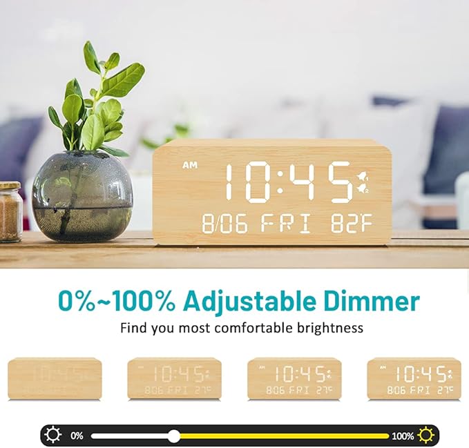Andoolex Wooden Digital Alarm Clock with Wireless Charging, 0-100% Adjustable Brightness Dimmer and Alarm Volume, Weekday/Weekend Mode, Dual Alarm, Snooze, 12/24H, Wood LED Clock for Bedroom (Bamboo)