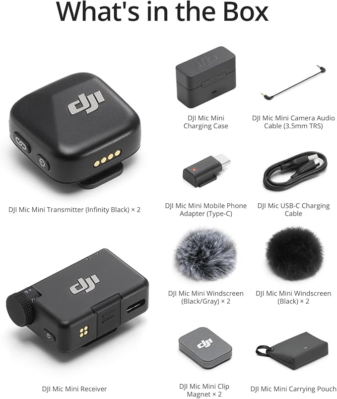 DJI Mic Mini (2 TX + 1 RX + Charging Case), Wireless Lavalier Microphone for iPhone/Camera/Android, Ultralight, Detail-Rich Audio, 48h Use, Noise Cancelling, Automatic Limiting, Vlog, Streaming
