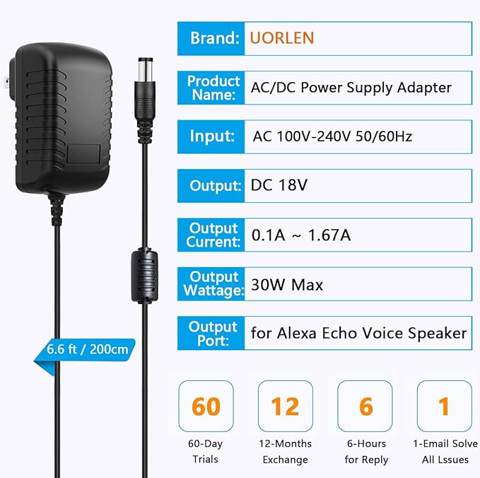 30W Power Cord Replacement for Echo Show 8 (1st 2nd 3rd Gen), Show 10 (3rd Gen), Show 15/21, Echo 3rd 4th Generation Power Adapter, Alexa Wall Charger Cable 6.6ft
