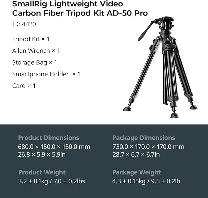 SmallRig AD-50Pro Heavy Duty Video Tripod, Carbon Fiber Lightweight Tripod with FreeSpeed One-Step Height Adjustment, Fluid Head, Dual-Mode QR Plate, Center Column, Weight 7lb, Load up 13.2lb
