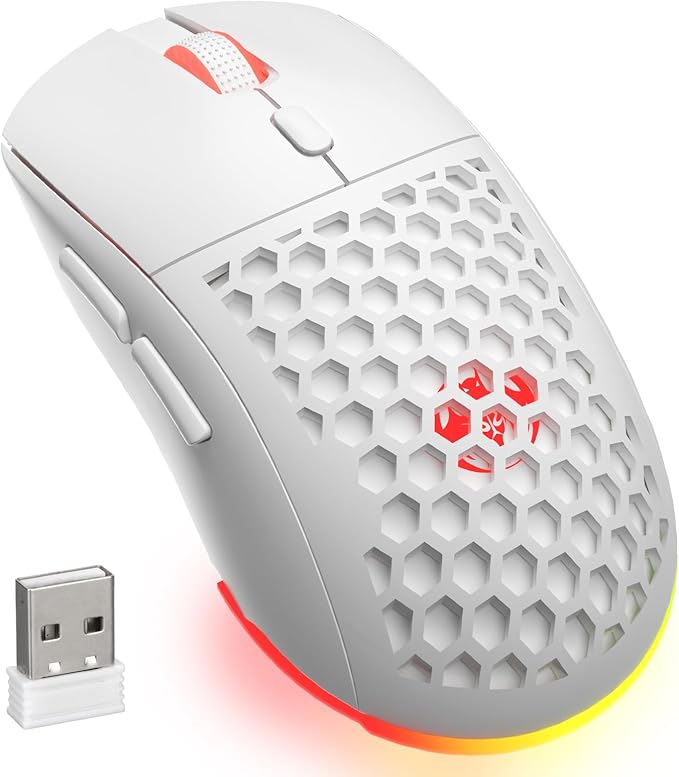 Honeycomb M32 Wireless Gaming Mouse - 2.4GHz RGB Rechargeable Ergo Mouse with Silent Clicks & 3200 DPI for PC/Mac -White