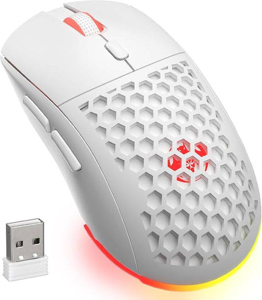 Honeycomb M32 Wireless Gaming Mouse - 2.4GHz RGB Rechargeable Ergo Mouse with Silent Clicks & 3200 DPI for PC/Mac -White