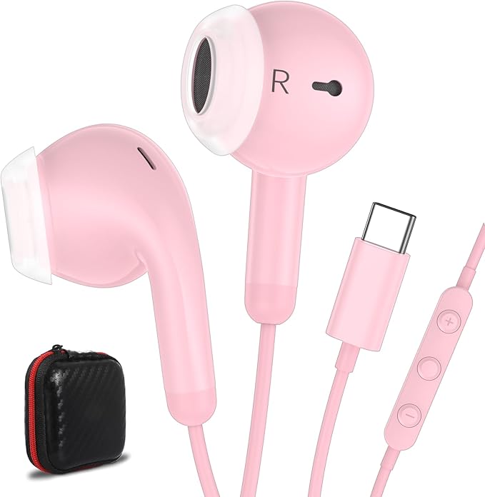 USB C Earbuds USB Type-C Headphones for iPad 10th Generation iPhone 17 Air 16 15 Pro Max Samsung S21 Wired Headphone Earphones with Microphone Volume Control Noise Isolating HiFi Stereo Headset Pink