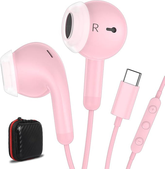 USB C Earbuds USB Type-C Headphones for iPad 10th Generation iPhone 17 Air 16 15 Pro Max Samsung S21 Wired Headphone Earphones with Microphone Volume Control Noise Isolating HiFi Stereo Headset Pink