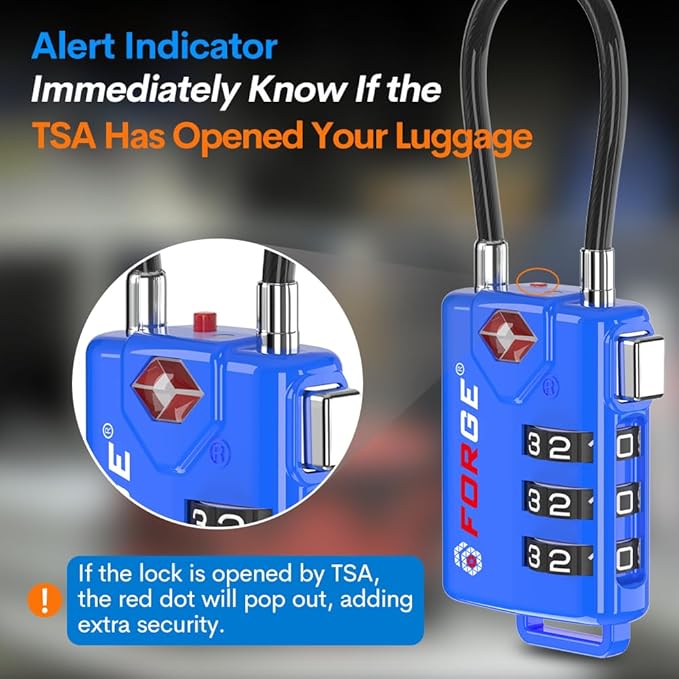 Bright Colors, TSA Approved Cable Luggage Locks 2 Pack Blue, Re-settable Combination with Alloy Body