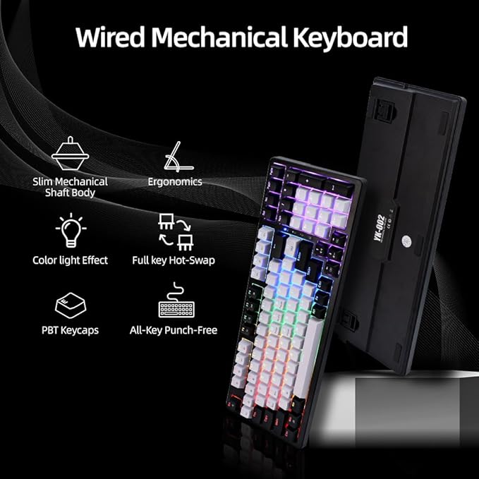 WJX Mechanical Gaming RGB Keyboard Wired 98 Full Keynap, RGB Backlit with 19 Modes Computer Clicky Keyboard for PC & Mac, Hot-Swappable Red Tactile Mechanical Switch, USB-C Control PBT Keycaps（White）