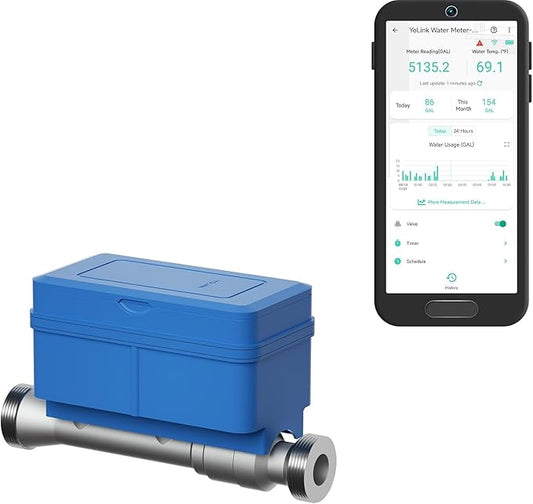 YoLink FlowSmart All-in-One Smart Water Meter & Shutoff for 0.5'' Pipes, NSF Certified, Real-Time Leak Detection, App-Controlled, 10+ Year Battery, YoLink Hub Required – YS5018